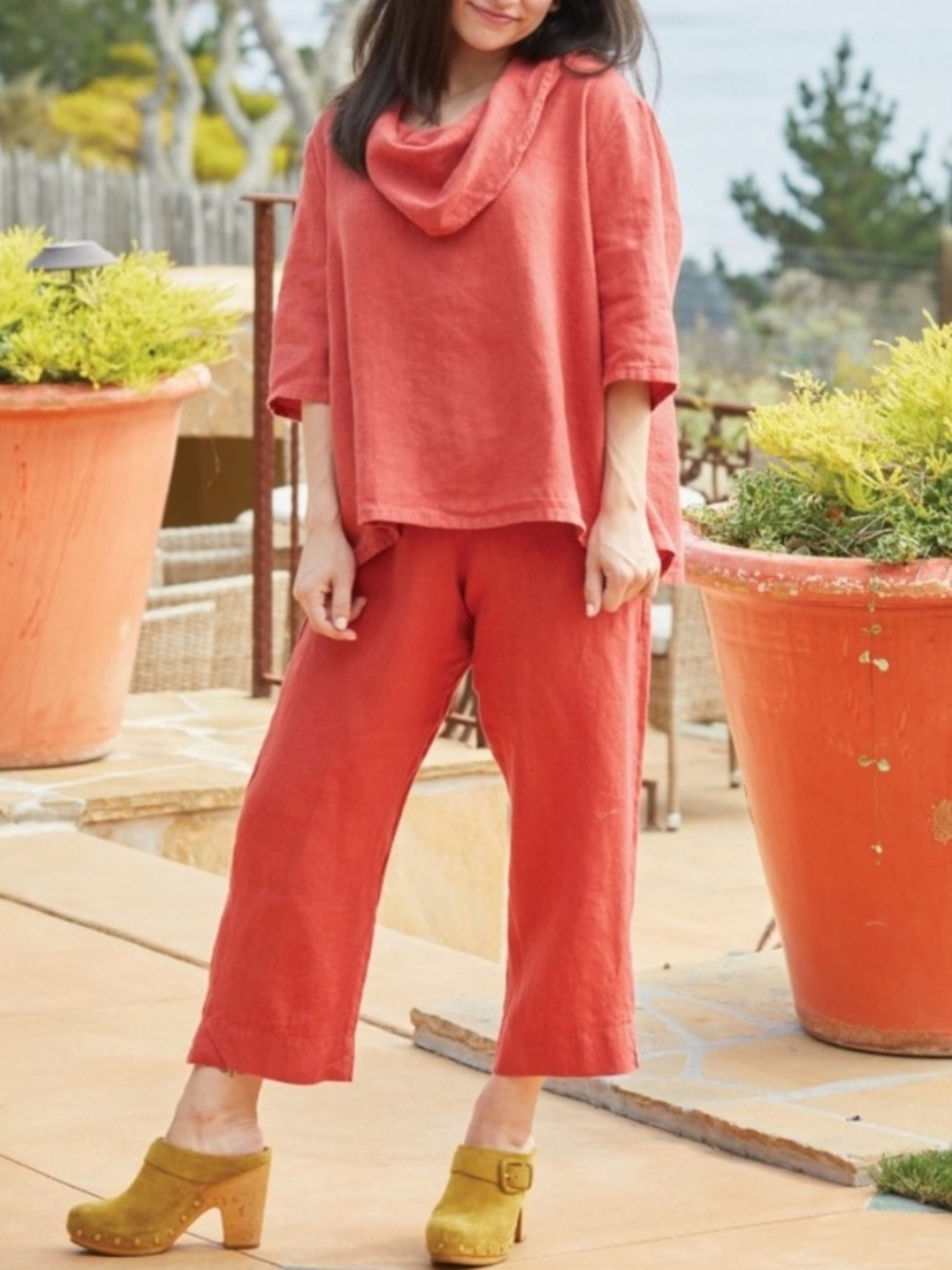 bryn Walker Coral Orange Linen Nola Cowl Neck Tunic Medium